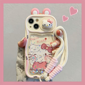 13/14 Full Cover Anti-Fall Hellokitty Cartoon Cute Sandflow Ear 3D Pull Window Phone Case with Lanyard And Wristband