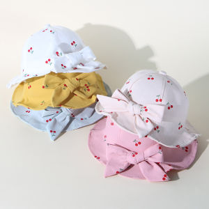 หมวกชาวประมงมีระบายติดโบว์หวานสำหรับเด็กวัยหัดเดินมีหมวกทรงสูงเบบี้สำหรับเจ้าหญิงเด็กผู้หญิงหมวกปานามาหมวกกันแดดเด็กพิมพ์ลายเชอร์รี่ที่น่ารัก