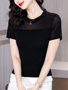 Black Diamond Embroidered Mesh Short Sleeve T-shirt for Women Fashionable Summer Style High-end Casual Apparel