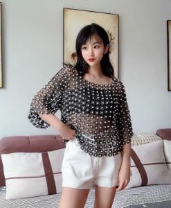 Women Luxury Pearl Beading Blouse Gold Lurex Lace Hollow Out Cute Shirt Flare Sleeve Elegant Blus Pullover Femme