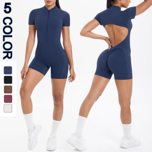 Hollow Out Backless Short Sleeved Zipper Jumpsuit for Woman Jumpsuit Yoga Suit One-Piece Legging Short Push Up Gym Yoga Clothing