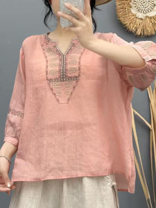 Shalldoer | Áo sơ mi nữ phong cách Bohemian mùa hè mới thiết kế thời trang thường ngày dáng rộng không tay dài cổ đứng