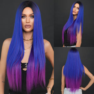 Namm วิกผมสังเคราะห์แบบวิกผมผู้หญิงตรงยาวสีฟ้าสีม่วงไล่ระดับสีสำหรับงานปาร์ตี้ประจำวันมีความหนาแน่นสูง