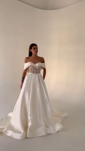 WHITE SIMPLE DRESS A-LINE SIMPLE BRIDAL GOWN SATIN KLASIK POLOS GLAMOR MEWAH DADA TERBUKA