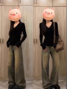 เสื้อยืดคอกว้างแขนยาวสีดำ ทรงเข้ารูป สำหรับผู้หญิง แฟชั่นฤดูใบไม้ร่วง ทรงเข้ารูป เสื้อชั้นในสีพื้น เสื้อผ้าทำงานสไตล์เกาหลี