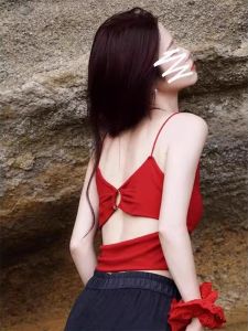 Hong Kong Style Red Spicy Backless Vest Womens Summer Beachwear Inner Match Cute Short Sleeve Top Beautiful Pad Bralette