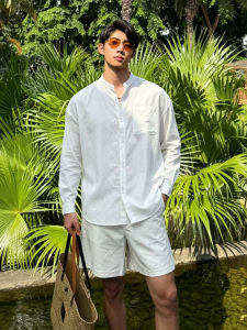 OUMULONG | White Linen Mens Long Sleeve Shirt Summer Sun Protection