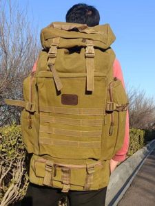 Outdoor Canvas Climbing Bag Large Capacity Double Shoulder Backpack Thickened Traveling Bag Mens Hiking Rucksack
