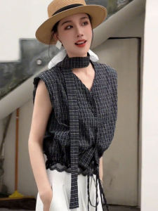 YUFUQING | Korean Style V-neck Plaid Shirt Womens Summer Design Drawstring Slimming Top Thin Flying Sleeve Ribbon Detail Loose Fit