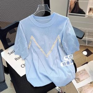 WANGGONGZHU | Color Block Hollow Out Knitwear Women Summer New Design Round Neck Elegant Short Sleeve T Shirt Ice Silk Thin Korean Style