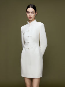 Elegant New Chinese Style Dress Lan Ting Xu Longzi Stand Collar Waist Cinch Button up Skirt Straight Tube Dress for Women