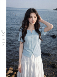YOUXIANG | Áo Thun Seersucker V Neck Ôm Sát