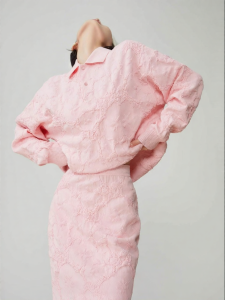 XIAODADEHUA | Pink Lapel Embossed Loose Spring New Sporty Style Sweater and Skirt Suit