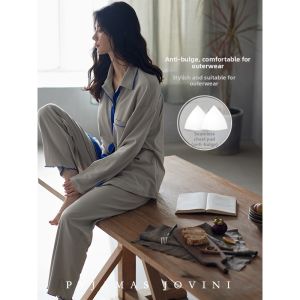 Padded Cotton Long Sleeve and Trousers Sleepwear with Built-in Bra for Spring and Autumn Wear