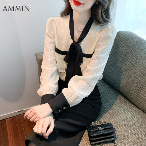 AMMIN autumn new long-sleeved lace chiffon shirt with lace lace lace lace lace lace lace lace lace lace lace blouse with loose and versatile sleeves