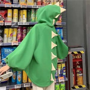 Spot Female Korean Version Cute Little Dinosaur Brushed Large Size Loose Hooded Sweatshirt