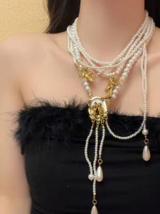 Angel Queen Retro Multi-Layer Stacked Pearl Tassel Necklace for Women Sweet Cool Accessible Luxury Sweater Chain Special-Interest Design Necklace