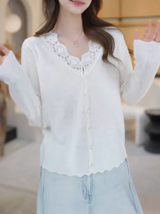 QINGNAER | French V-neck Lace Edge Plus Size Fashionable Elegantly Stylish Autumn Womens Cardigan