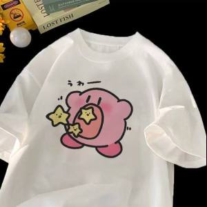 Bandai | Star Kirby Cartoon Print Childrens Cotton Short-Sleeved T-shirt for Boys and Girls - Summer Casual Round-neck Top