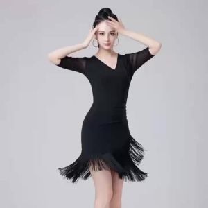 Women Fringe Short Sleeve Latin Ballroom Dance Dress Adult Professional Practice Competition Stage Performance Dancewear