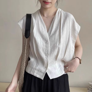 เสื้อเชิ้ตคอวีแขนกุดสีขาวหลวมๆ สำหรับผู้หญิงในช่วงฤดูร้อน สไตล์เกาหลี หรูหรา เสื้อเชิ้ตแขนกุดแบบพิเศษ