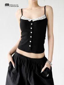 MUYUZI | Lace Trim Halter Sleeveless Top Slimming Black