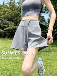 Summer Grey Drawstring Lyocell High-Waist Casual Sport Shorts