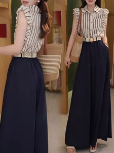 Shalldoer | Fashionable Slimming Striped Shirt And High Waist Pants Two Piece Set For Women Summer 2025 Polo Collar Short Sleeve Fly Sleeve