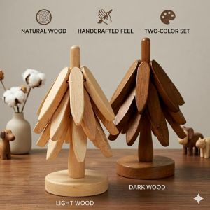 XMSJ | Creative Wooden Tree Folding Trivet Stand Heat Resistant Pot Mat Decorative Anti Scald Hot Pads Coaster For Dining Table Kitchen