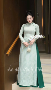 Áo Dài Chất Liệu Gấm Hoa Cao Cấp Họa Tiết Đính Kết Thủ Công Tỉ Mỉ - Gấm Xanh Nơ Cổ 2P