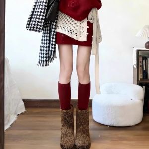 XUECAIQI | Attractive Red Tone Matching Sweater and Skirt Set