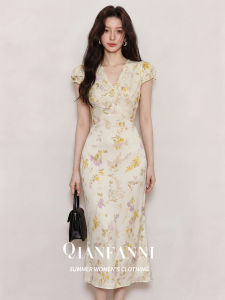 QFN | French Country Style V-neck Apricot Floral Sweet Dress