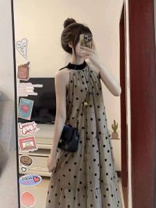 Váy Mùa Hè Cho Bà Bầu Không Tay Họa Tiết Chấm Bi Thời Trang Thiết Kế Cổ Tròn Váy Dài Vừa Phải Chất Liệu Voan