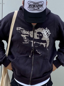 เสื้อคาร์ดิแกนแบบมีฮู้ดพิมพ์ลายสเวตเตอร์คอวีแขนยาวสไตล์ลำลองสำหรับผู้หญิงในฤดูใบไม้ร่วง