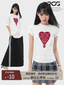 American Style White Heart Shoulder Short Sleeve T-Shirt Women Summer Design Spicy Sport Slimming Short Top round Neck