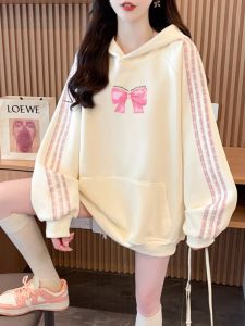 เสื้อสเวตเตอร์ฮู้ดพิมพ์ลายผีเสื้อไซส์ใหญ่ ทรงหลวม สำหรับผู้หญิง เสื้อผ้าทำงานสไตล์เกาหลี ฤดูใบไม้ผลิและฤดูใบไม้ร่วง