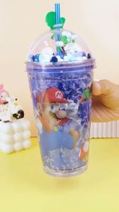 Supermario Tumbler Gelas Dengan Penutup Dan Sedotan Botol Minum Anak Botol Air Straw Double Wall