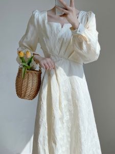 Elegant French Style Wedding Dress Womens Autumn Winter New Slimming Unique Beautiful Long Dress A-Line Skirt Pearl Embellishment