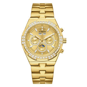 Đồng Hồ Đeo Tay Nam X-GEAR Cao Cấp Mạ Vàng Mặt Số Lớn Bằng Thép Không Gỉ Hiển Thị Tuần Và Tuần Trăng Phát Quang