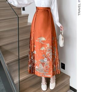 กระโปรงสั้นผ้าซาตินลายดอกไม้สไตล์จีนใหม่สำหรับฤดูใบไม้ร่วง สวมใส่ได้ทุกวัน กระโปรงสั้นทรงเอผูกโบว์เอวสูง 100% Polyester