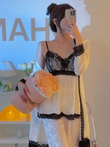 Luxurious Snowflake Velvet Lace Three-Piece Set Sleepwear Womens Long Sleeve Robe Home Clothes Autumn Winter Collection