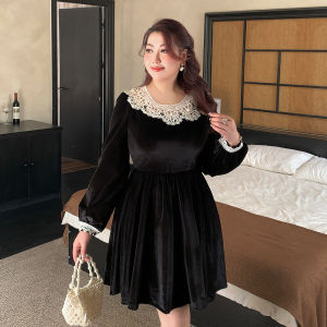 GLEC | Plus Size Elegant Rich Style Color Blocking Lace Velvet Waist-cinching Dress