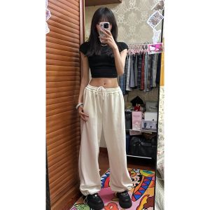 American Style High Waist Pure Cotton White Sports Pants Spring Autumn Womens Small Size Cuffed Loose Wide Leg Sweatpants