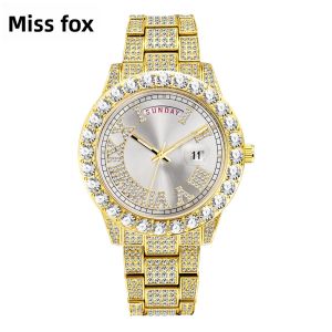 Đồng Hồ Đeo Tay Nam Sang Trọng MISSFOX Bling Iced Out Diamond Automatic Date Quartz Đồng Hồ Đeo Tay Doanh Nhân Bằng Thép Không Gỉ Phát Sáng