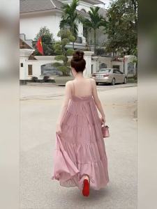 Đầm voan maxi 2 dây dáng xoè có mút ngực tiểu thư nữ tính CLOUDYPINK
