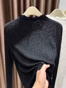 Spring Autumn New Style Lace Wooden Ear Net Half High Collar Hollow out Inner Wear Long Sleeve Top Women Base Shirt