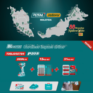 TOTAL Tools 20V series 285Nm Brushless motor Cordless Impact driver & 64pcs power bits set - TOSLI250784