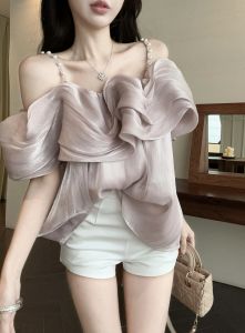 GUZILIAN | French Elegant Sweet One Shoulder Pearl Embellished Halter Shirt Women Summer High Fashion Short Sleeve Top Korean Style Loose Fit
