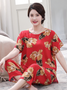 Moms Summer Cotton Silk Sleepwear Short Sleeve Thin Home Clothes Set Womens Style Comfortable Breathable Print Sleep Suit