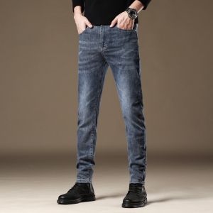 ROMON | Romon Mens Slim Fit Straight Leg Jeans Casual Business Cotton Polyester Blend Elastic Waist Long Trousers Fashionable Urban Style